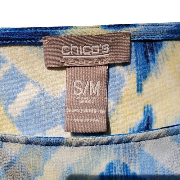 Chico’s Printed Crepe Poncho Top Abstract Tribal Blue Yellow Size Medium - Picture 8 of 12